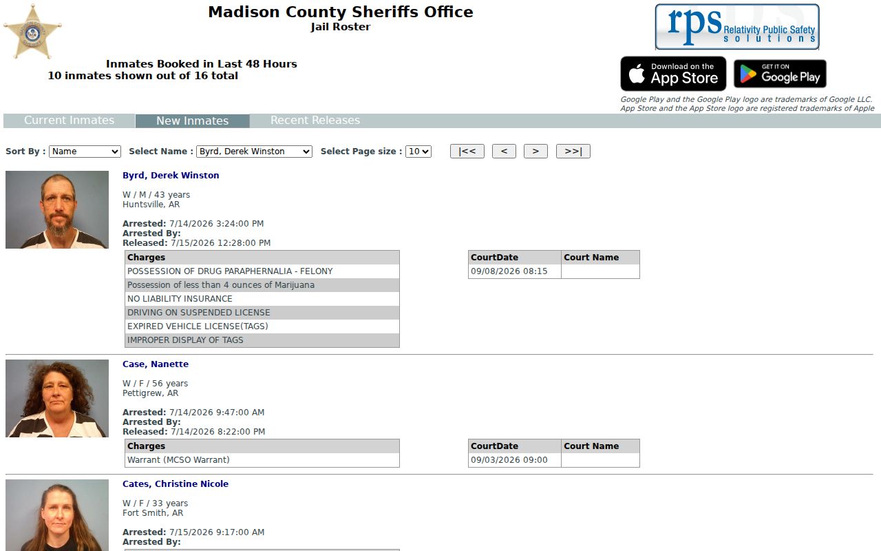 Madison County new inmate roster search controls